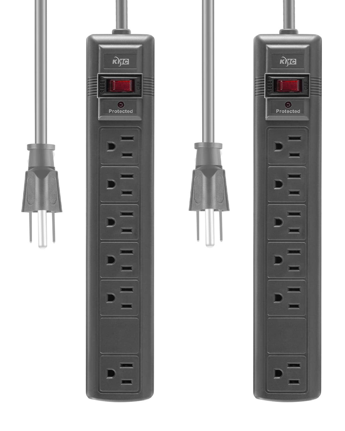 KMC 6-Outlet Surge Protector Power Strip, 2-Pack, 1200 Joules, 6ft Cord, Adapter Spaced Outlet, Overload Protection, Gray