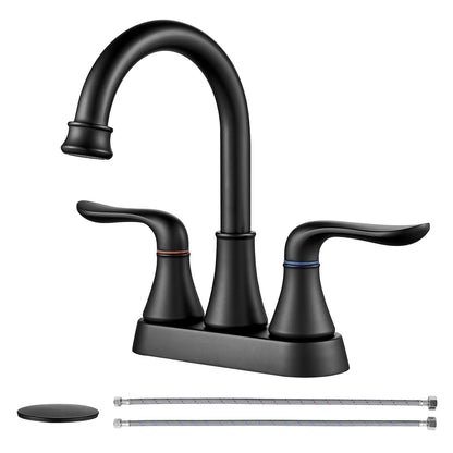 Bathroom Sink Faucet GENBONS 4 Inch 2 Handle Centerset Bathroom Faucet Lead-Free Matte Black Bath Sink Faucet with Pop-up Drain Stopper and Supply Hose, Bathroom Faucets California Compliant