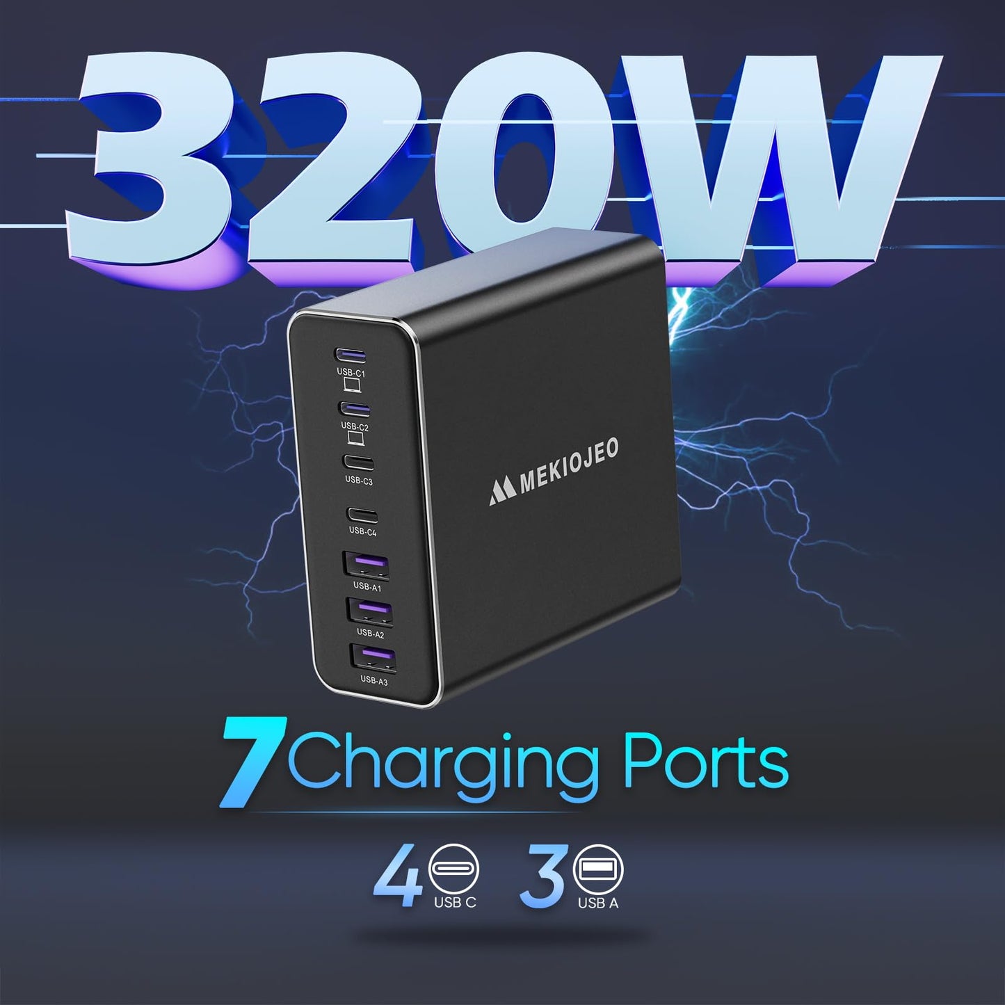 Aluminum Alloy 320W USB C Charger GaN Charger Fast USB C Charging Station 7 Ports 65W Laptop Charger for MacBook Pro/Air/iPad Pro/iPhone (Coal Black-320W)