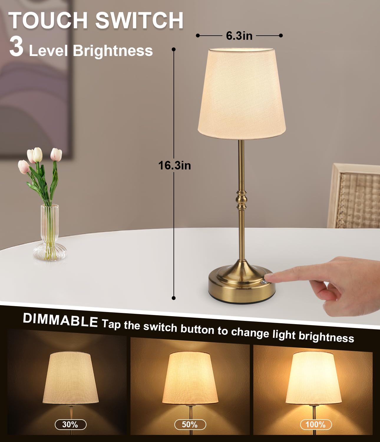 Rechargeable LED Cordless Table Lamp with 3 Brightness Levels