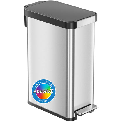 iTouchless SoftStep 13.2 Gallon Slim Step Pedal Trash Can with Odor Filter, Elongated Stainless Steel Recycling Bin, Space-Saving Garbage Trashcan, 50 Liter Bedroom Livingroom Wastebasket Home Office