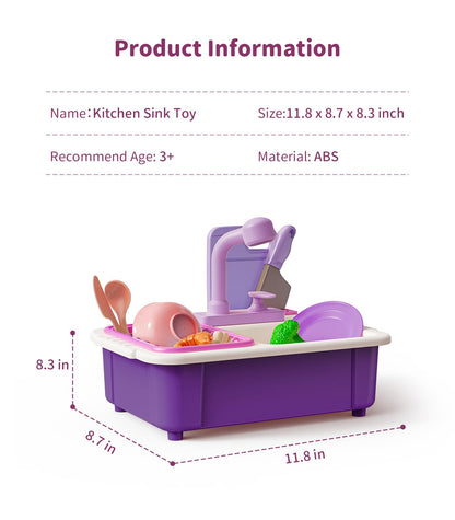 Geyiie Kitchen Sink Toy for Toddlers, Play Sink with Running Water, Upgraded Real Faucet, Dish Rack & Play Cutting Food, Kids Kitchen Sink Toy Gifts for 3 4 5 6 7 Years Old