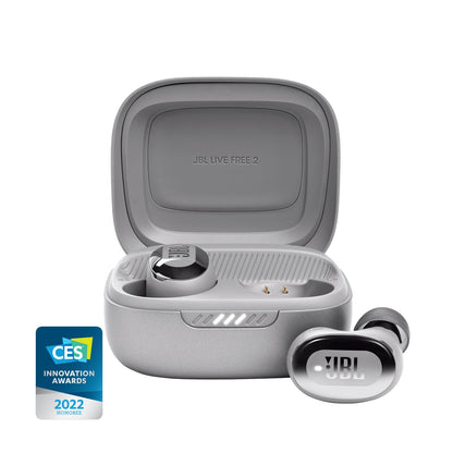 JBL Live Free 2 - True Wireless Noise Cancelling Earbuds, Up to 35hrs of Playtime, 6 mics for Perfect Calls with Zero Noise, IPX5 Waterproof, Oval Tubes for Better Comfort, Isolation, & bass (Silver)