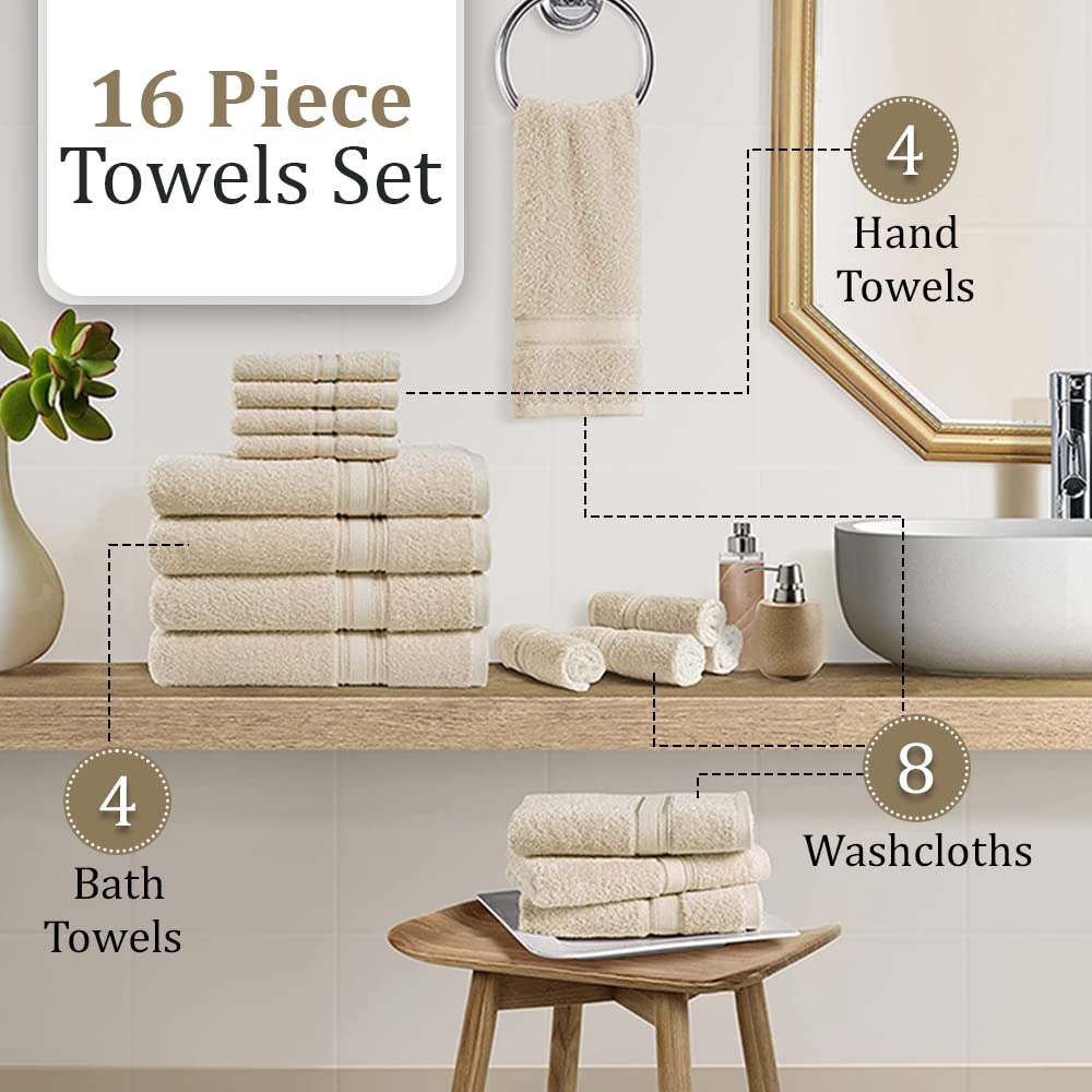 Chateau Home Luxurious 16 Piece Bath Towels Sets, (4 Bath Towels, 4 Hand Towels, 8 Wash Cloths) Low Lint, Premium Quality Towel Sets, Durable, Highly Absorbent, Extra Large Bath Towels -Granite Grey