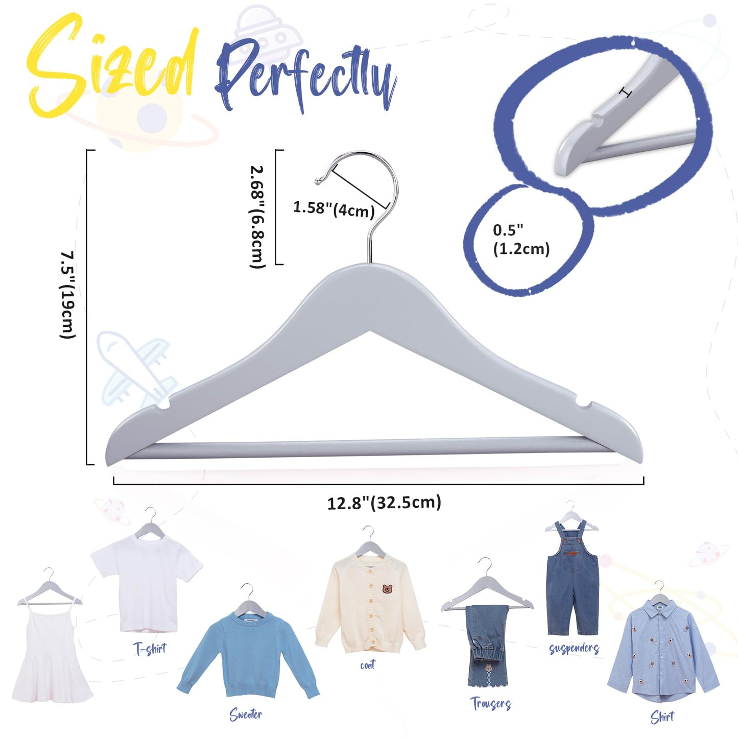 FairyHaus Kids Wooden Hangers 20Pack Grey, 12.8 Inch Baby Wooden Hangers for Closet, Anti-Rust 360° Swivel Hook, Notches & Smooth Finish, Natural Solid Wood Childrens Hangers for Clothes