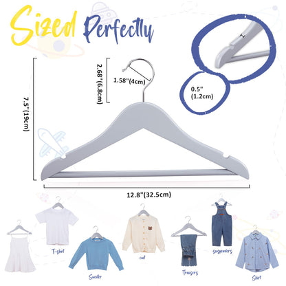 FairyHaus Kids Wooden Hangers 20Pack Grey, 12.8 Inch Baby Wooden Hangers for Closet, Anti-Rust 360° Swivel Hook, Notches & Smooth Finish, Natural Solid Wood Childrens Hangers for Clothes