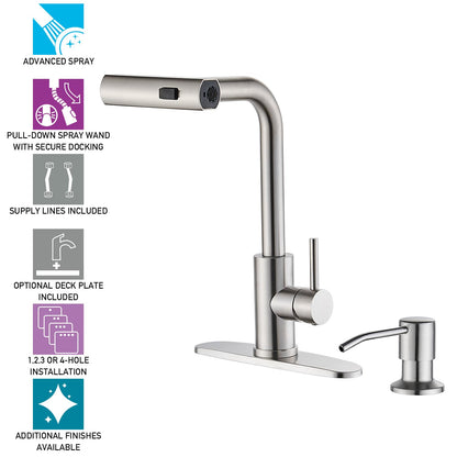 ZORIOU Kitchen Faucets with Pull Down Sprayer - Brushed Nickel Waterfall Kitchen Sink Faucet with Soap Dispenser - Single Hole Stainless Steel Kitchen Faucet - Modern Single Handle Kitchen Faucet