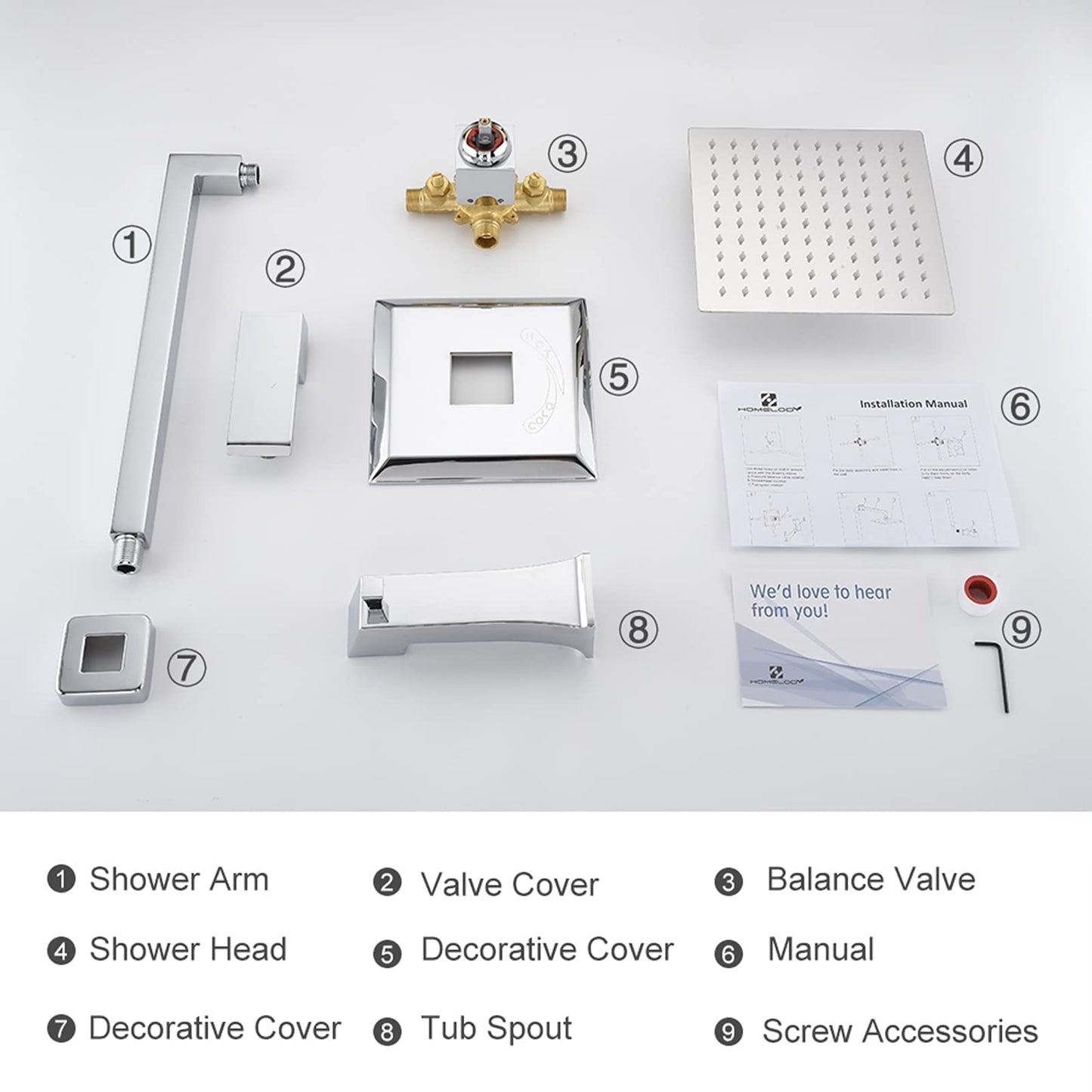 HOMELODY Chrome Shower Faucet Set Bathroom High Pressure Square Rain Shower Head and Handle Set, Wall Mounted Luxury Rainfall Shower Complete Combo Set, Shower Fixtures (Contain Shower Valve)