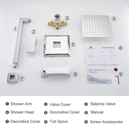 HOMELODY Chrome Shower Faucet Set Bathroom High Pressure Square Rain Shower Head and Handle Set, Wall Mounted Luxury Rainfall Shower Complete Combo Set, Shower Fixtures (Contain Shower Valve)