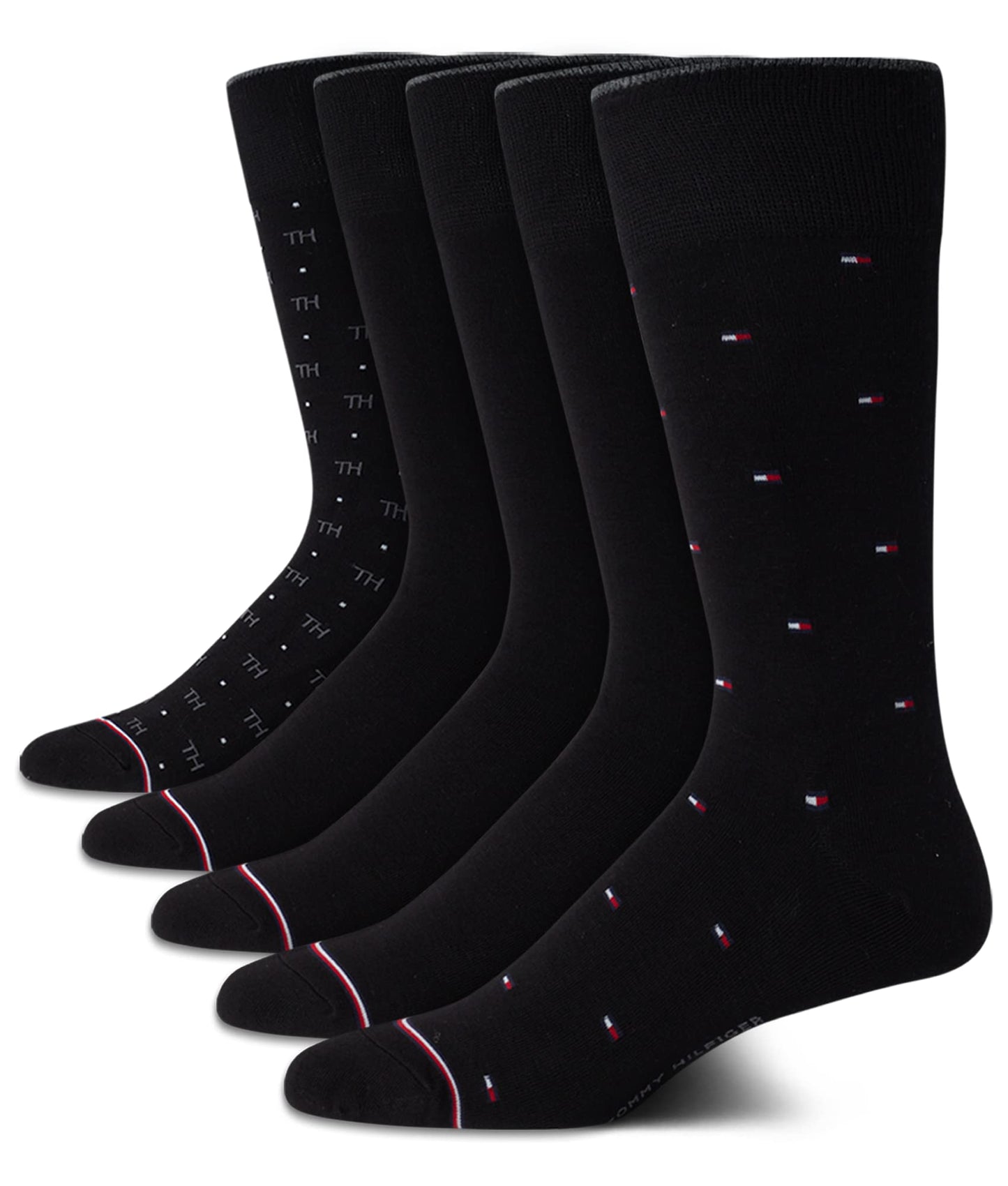 Tommy Hilfiger Men's 5 Pack Allover Flag Pattern Dress Crew Socks, black Shoe Size 7-12