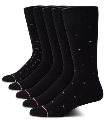 Tommy Hilfiger Men's 5 Pack Allover Flag Pattern Dress Crew Socks, black Shoe Size 7-12