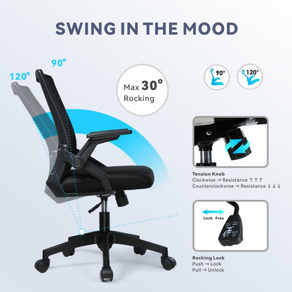COMHOMA Office Chair with Flip-up Armrests Ergonomic Computer Desk Chair Foldable Mesh Task Chair with Wheels Adaptive Lumbar Support Swivel Tilt Comfortable Study Chair for Student, Black