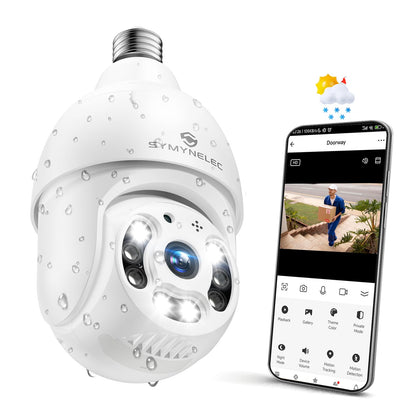 SYMYNELEC Light Bulb Security Camera Outdoor Waterproof 2.5K, 2.4GHz Only Wireless WiFi Light Socket Camera with AI Human Detection Motion Tracking Color Night Vision Siren Alarm Works with Alexa