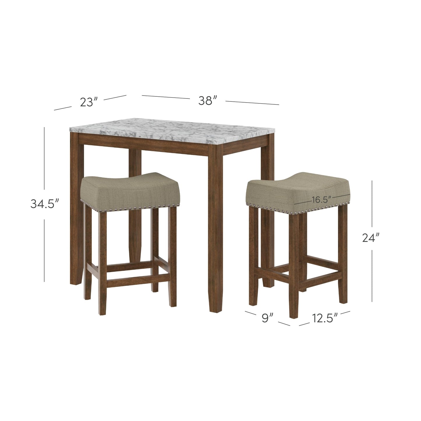 Nathan James Viktor 3 Piece Set, Heigh Kitchen Counter Pub Dining or Breakfast Table with Marble Top and Fabric Wood Base Seat, Beige/Light Brown