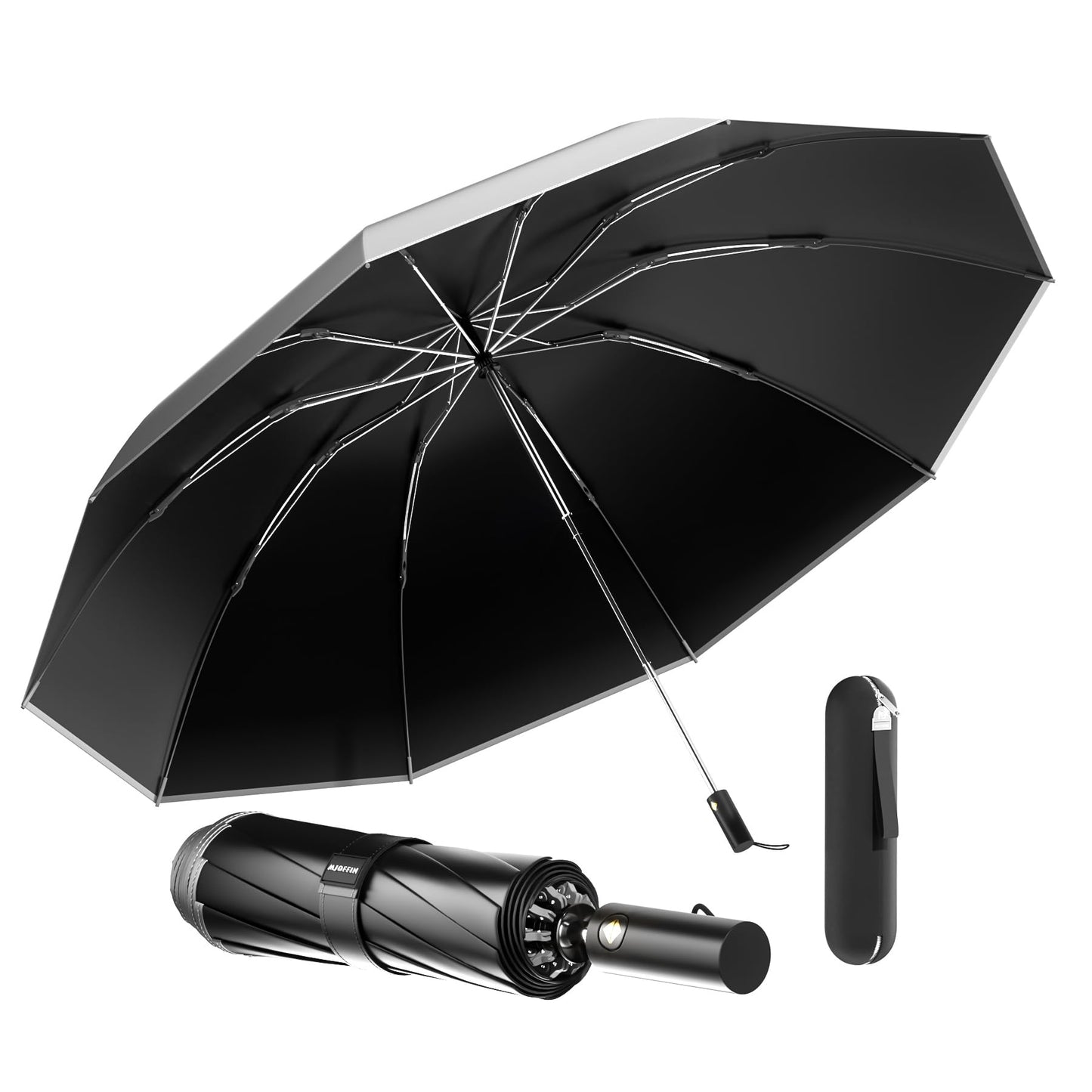 MJOFFIN Travel Inverted Umbrella,Large Windproof Umbrellas for Rain,Compact Auto Umbrella with Reflective Strip,Travel Reverse Folding Umbrella with case（Black）