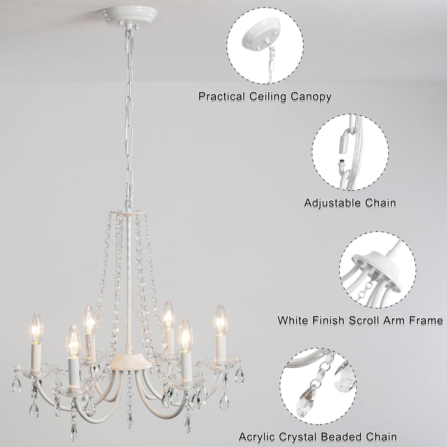 YLCHYTDZSW Chandelier for Bedroom 6-Light White Chandelier Crystal Chandeliers Modern Small Chandelier Light Fixture for Girls Bedroom Foyer Entryway Living Room