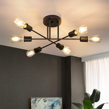 Hurrah Sputnik Light Fixture Black - 6 Lights Flush Mount Ceiling Light Fixture Industrial Chandeliers Modern for Kitchen Dining Room Living Room Bedroom Laundry E26