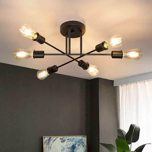 Hurrah Sputnik Light Fixture Black - 6 Lights Flush Mount Ceiling Light Fixture Industrial Chandeliers Modern for Kitchen Dining Room Living Room Bedroom Laundry E26