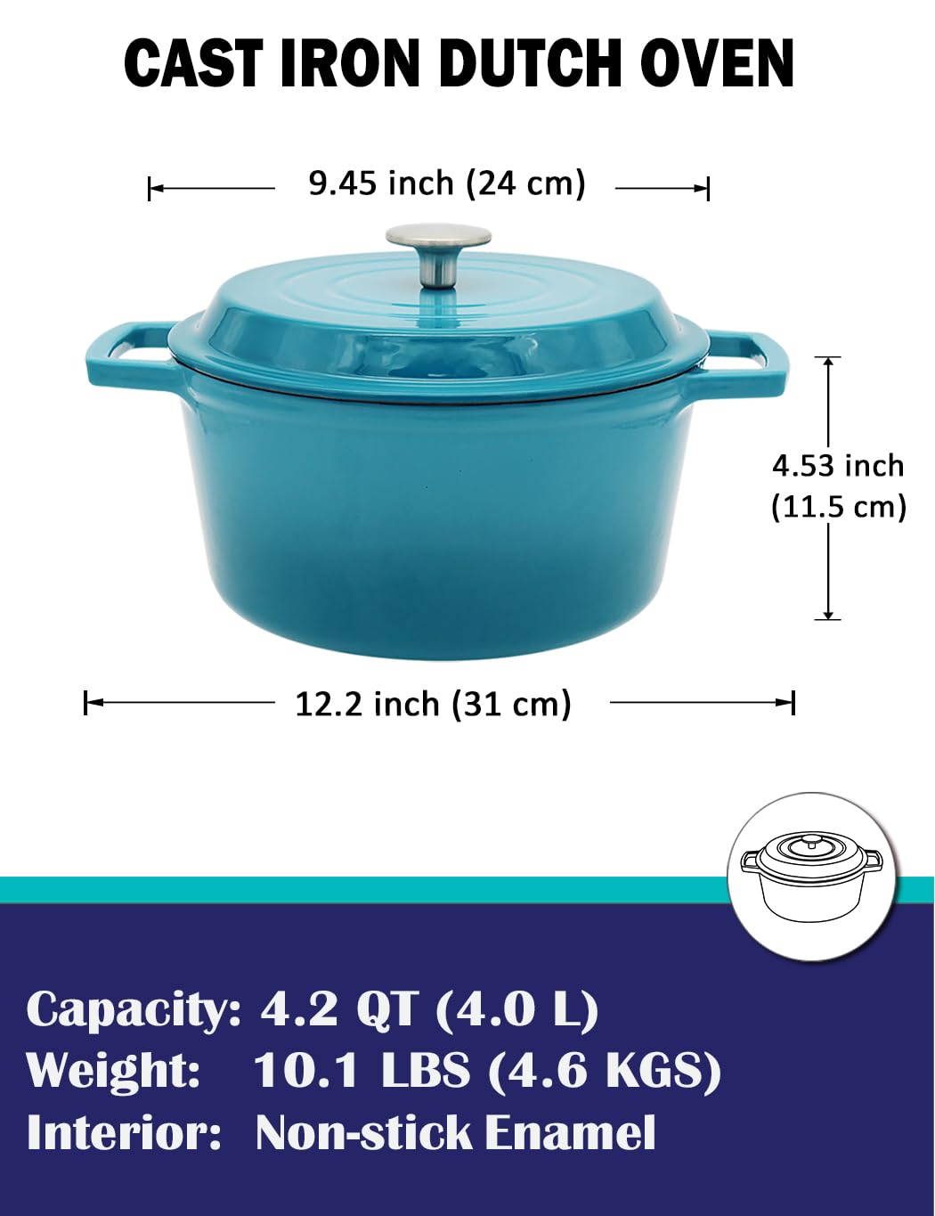 4.2 QT Cast Iron Dutch Oven for Cooking