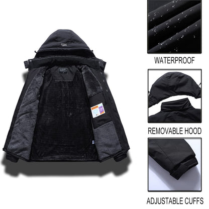 Pooluly Men's Ski Jacket Warm Winter Waterproof Windbreaker Hooded Raincoat Snowboarding Jackets Black-L