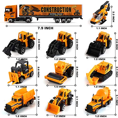 19 in 1 Construction Truck with Engineering Worker Toy Set, Mini Die-Cast Engine Car in Carrier Truck, Double Side Transport Vehicle Play for Child Kid Boy Girl Birthday Christmas Party Favors