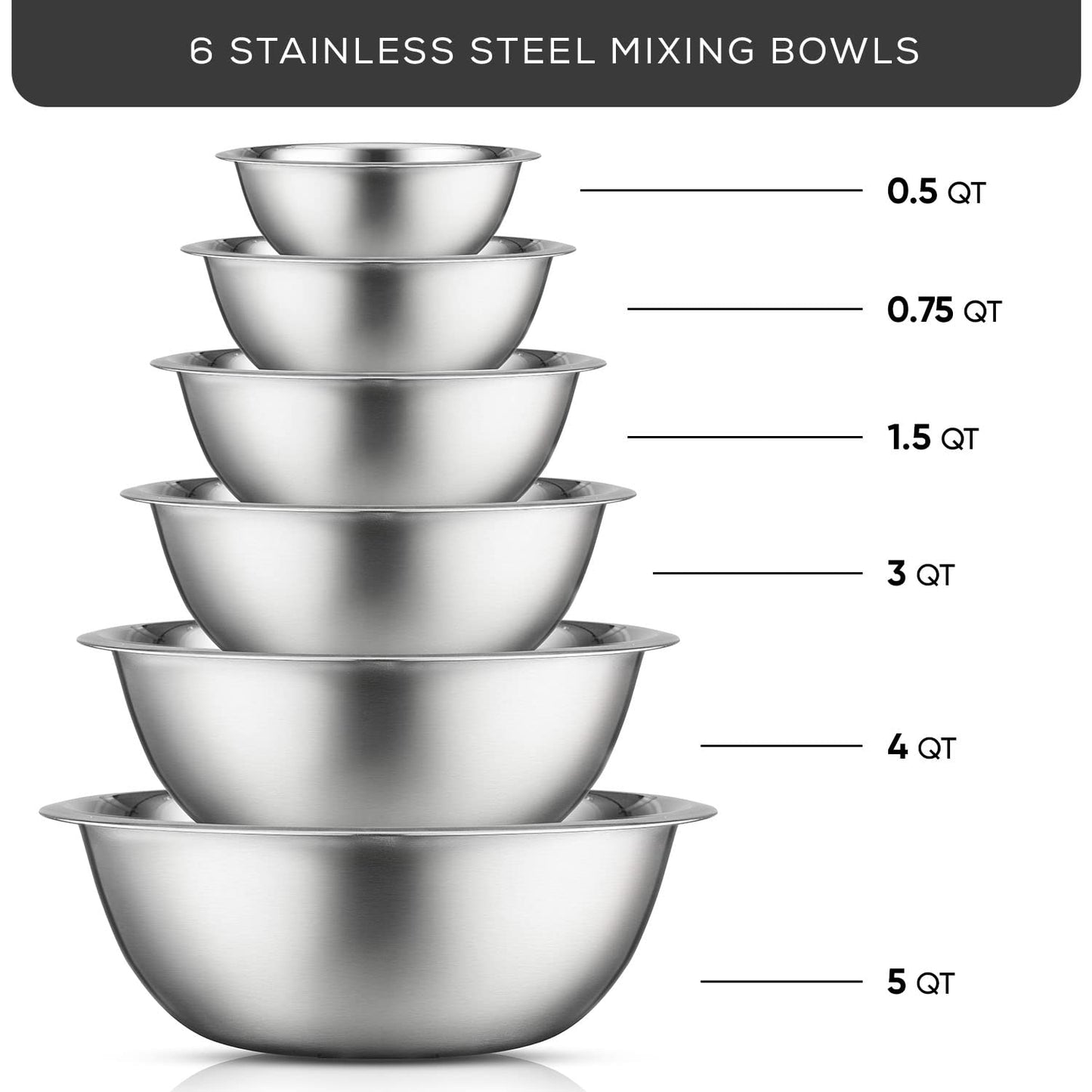 JoyJolt Stainless Steel Mixing Bowl Set of 6 Bowls. 5qt Large to 0.5qt Small Metal Bowl. Kitchen, Cooking and Storage Nesting Dough, Batter Baking Bowls