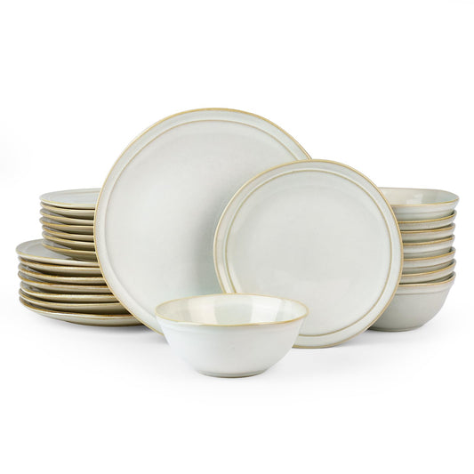 Famiware Aegean Stoneware Dinnerware Set for 8, Plates and Bowls Sets, 24 Pieces Scratch Resistant Dinner Set, Handmade Irregular Round Dishes - Microwave and Dishwasher Safe, Cappuccino White