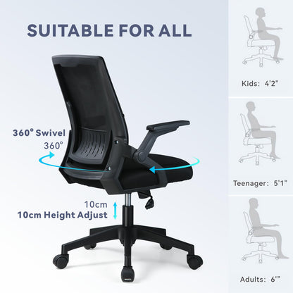 COMHOMA Office Chair with Flip-up Armrests Ergonomic Computer Desk Chair Foldable Mesh Task Chair with Wheels Adaptive Lumbar Support Swivel Tilt Comfortable Study Chair for Student, Black