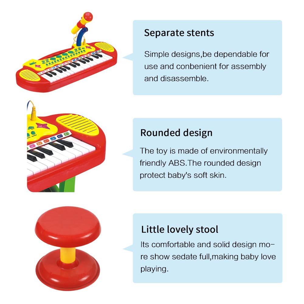 Kids Piano Keyboard Toys 31 Keys,Electronic Piano for Beginners,3 4 5 6 7 8 Years Old Toddler Girl Boy Gift,Musical Instrument, w/Microphone,Multiple Sounds,Stool,Recordings,Note Stickers - Red