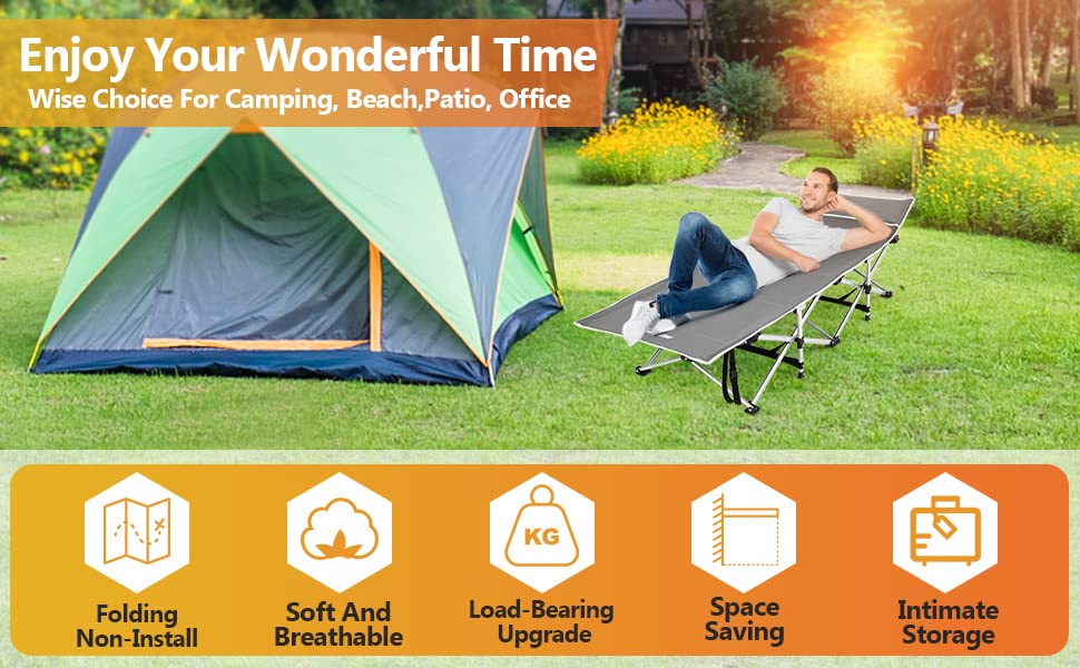 Homdox Portable Folding Camping Cot, Adjustable Adults Reclining Chaise with Pillow, Outdoor Lounge Chair Sleeping Cots Bed, Perfect for Camping, Pool, Beach, Patio