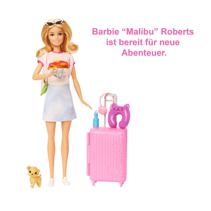 Barbie Doll & Accessories, Travel Set with Puppy and 10+ Pieces, Suitcase Opens & Closes, Malibu Doll with Blonde Hair