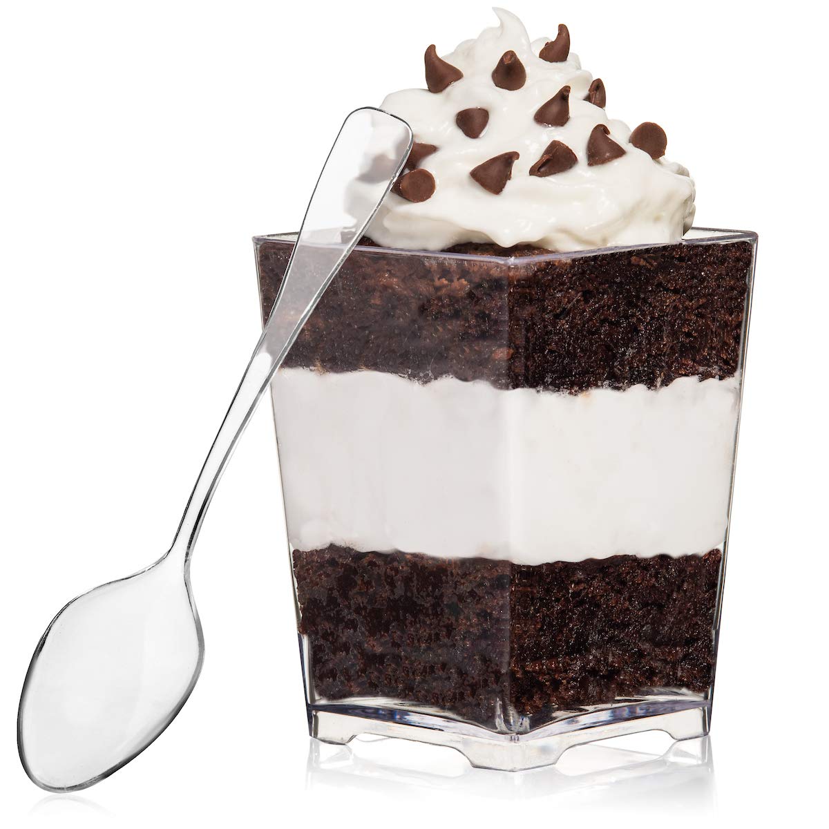 Oasis Creations Square Dessert Cup - 4 Ounce - Durable Crystal Clear Plastic - 50 Count - Ideal for Desserts, Appetizers, Entrees, Puddings, Mousse and More!