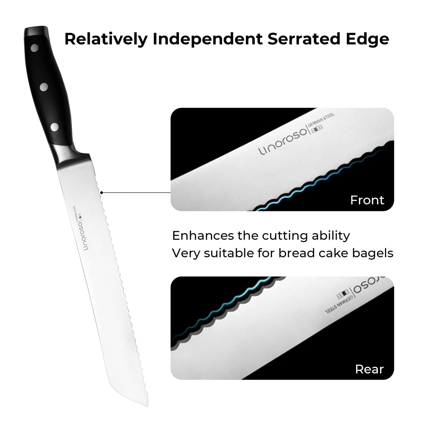 linoroso Serrated Bread Knife for Homemade Bread with Elegant Gift Box, Full Tang Ultra Sharp Forged German Carbon Stainless Steel Bread Knife 8 inch for Slicing Bread, Bagels, Cake - Classic Series