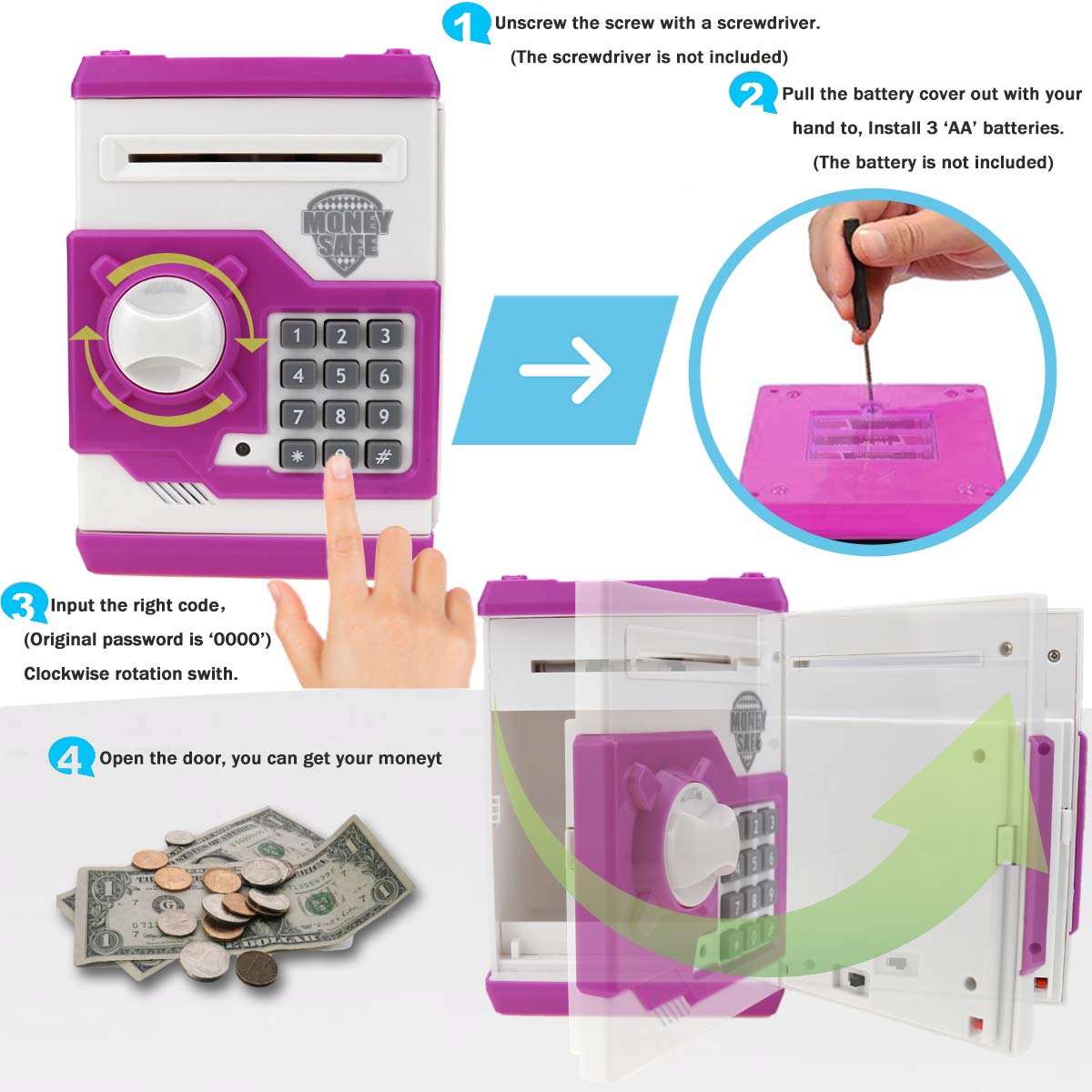 TOPBRY Piggy Bank for kids,Electronic Password Piggy Bank Kids Safe Bank Mini ATM Piggy Bank Toy for 3-14 Year Old Boys and Girls (White Pink)