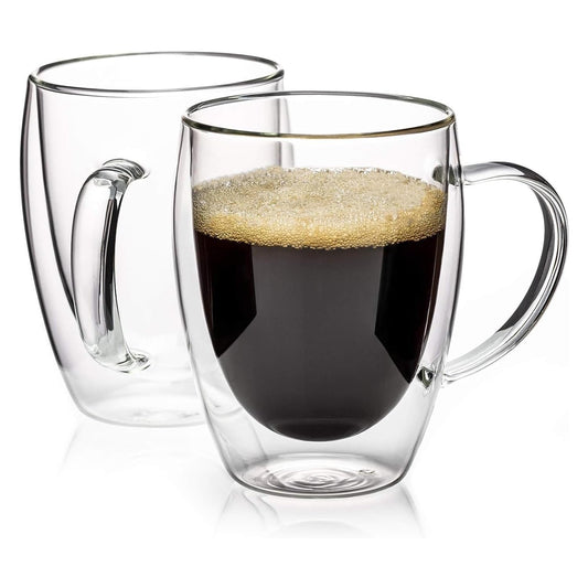 Espresso Cups Set Of 2 12 Oz, Double Walled Glass Coffee Mugs with Handle,Insulated Layer Coffee Cups,Clear Borosilicate Glass Mugs,Perfect for Cappuccino,Tea,Latte,Espresso,Hot Beverage,Wine