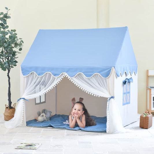 Kids Play Tent Large Fairly Kids Tent Indoor for Girls Boys Toddlers Playhouse Tent Castle with Lace Curtain and Windows Game Party Decoration (Blue)