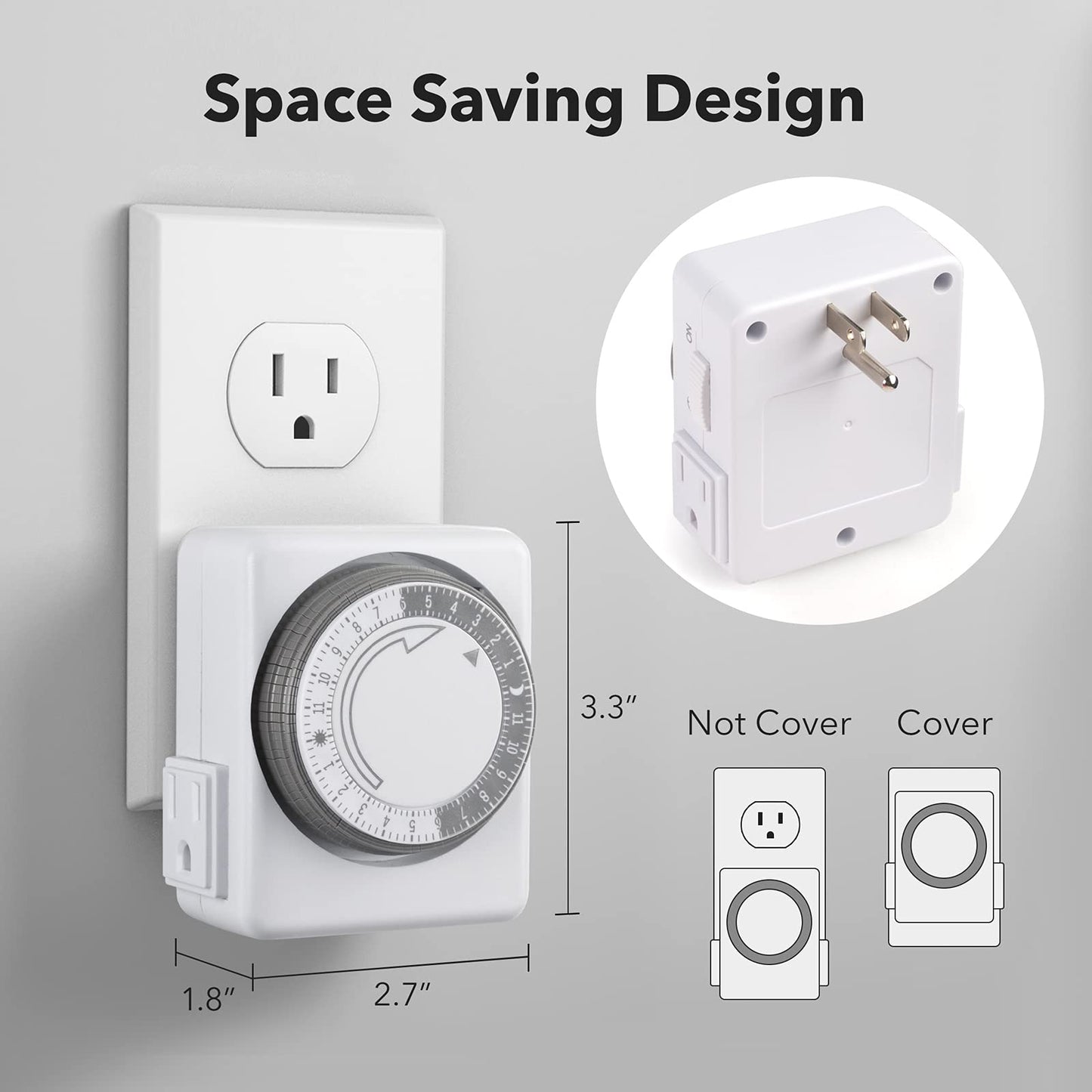 HBN Indoor Timers for Lamps,24 Hour Plug-in Mechanical Indoor Timer for Electrical Outlets,Dual Outlets,15 Minute Intervals,Light Timer for Indoor Lighting,Heavy Duty Daily Cycle,3 Prong,2-Pack