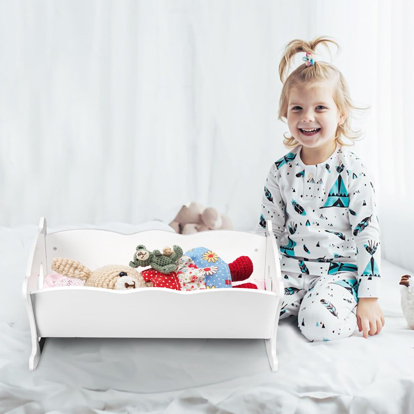 Wooden Baby Doll Cradle with Bedding for Kids