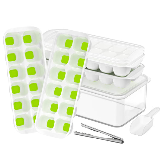 ICEXXP 4 Pack Ice Cube Tray with Lid and Bin, Ice Cube Trays for Freezer with Ice Box, Silicone Ice Trays with Ice Container for Cocktails, Stackable Ice Cube Maker with Ice Bin, Ice Tong & Scoop