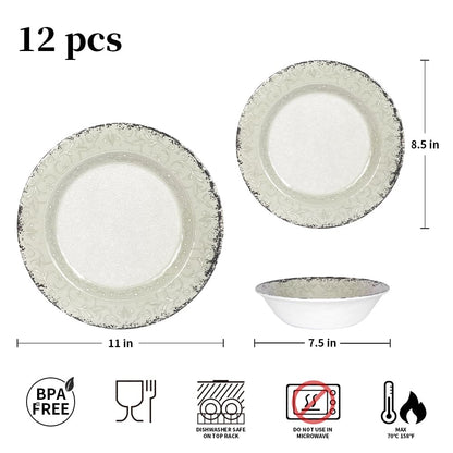 Melamine Dinnerware Sets,12Pcs Kitchen Plates And Bowls Sets, Dish Set For 4, Indoor And Outdoor Use,Dishwasher Safe, Break-Resistant, Classical Flower