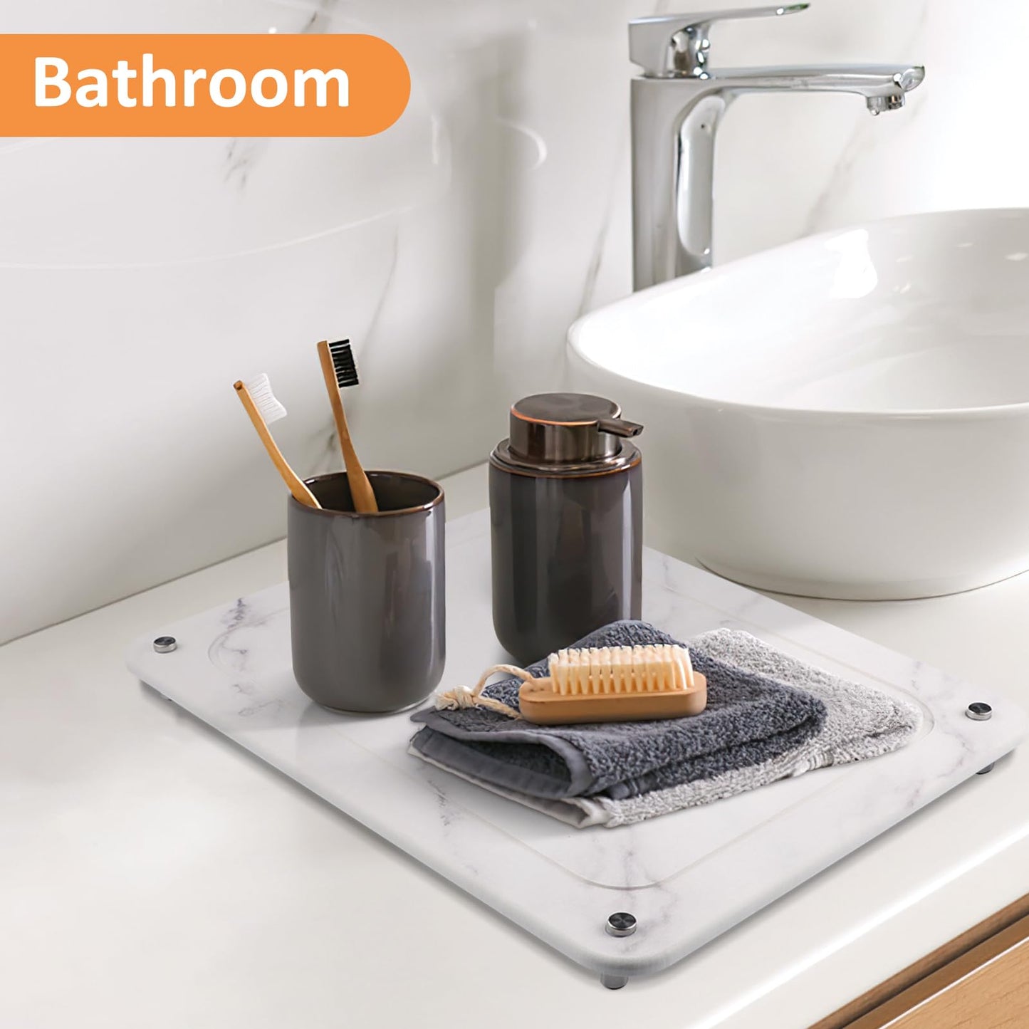 Upgrade Stone Dish Drying Mat with Grooves, Ultra Absorbent, Quick Dry, Heat Resistant, Diatomaceous Earth Sink Tray Drying Mat for Kitchen Counter, for Dishes, Pets Bowls, Plant Pots