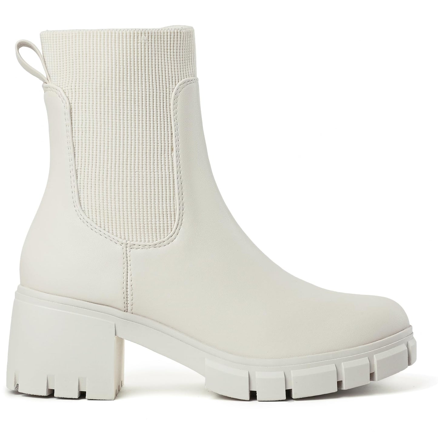 GOUPSKY Ankle Boots for Women Lug Sole Slip On Chelsea Booties Platform Chunky Mid Block Heel Boot White 9