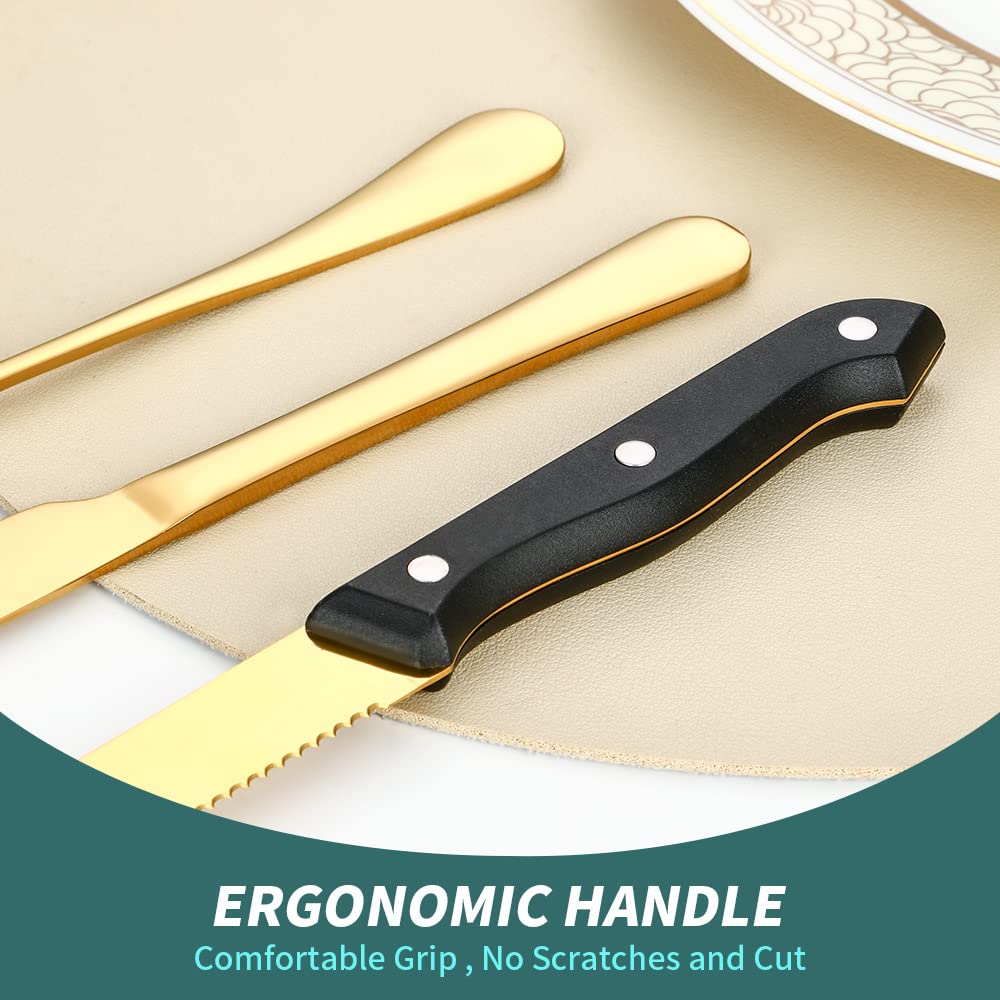 A · HOUSEWARE Gold Flatware Set For 4 With Steak Knives 24 Piece Stainless Steel Silverware Forks and Spoons Kitchen Daily Use Festival Parties Casual or Formal Occasions…