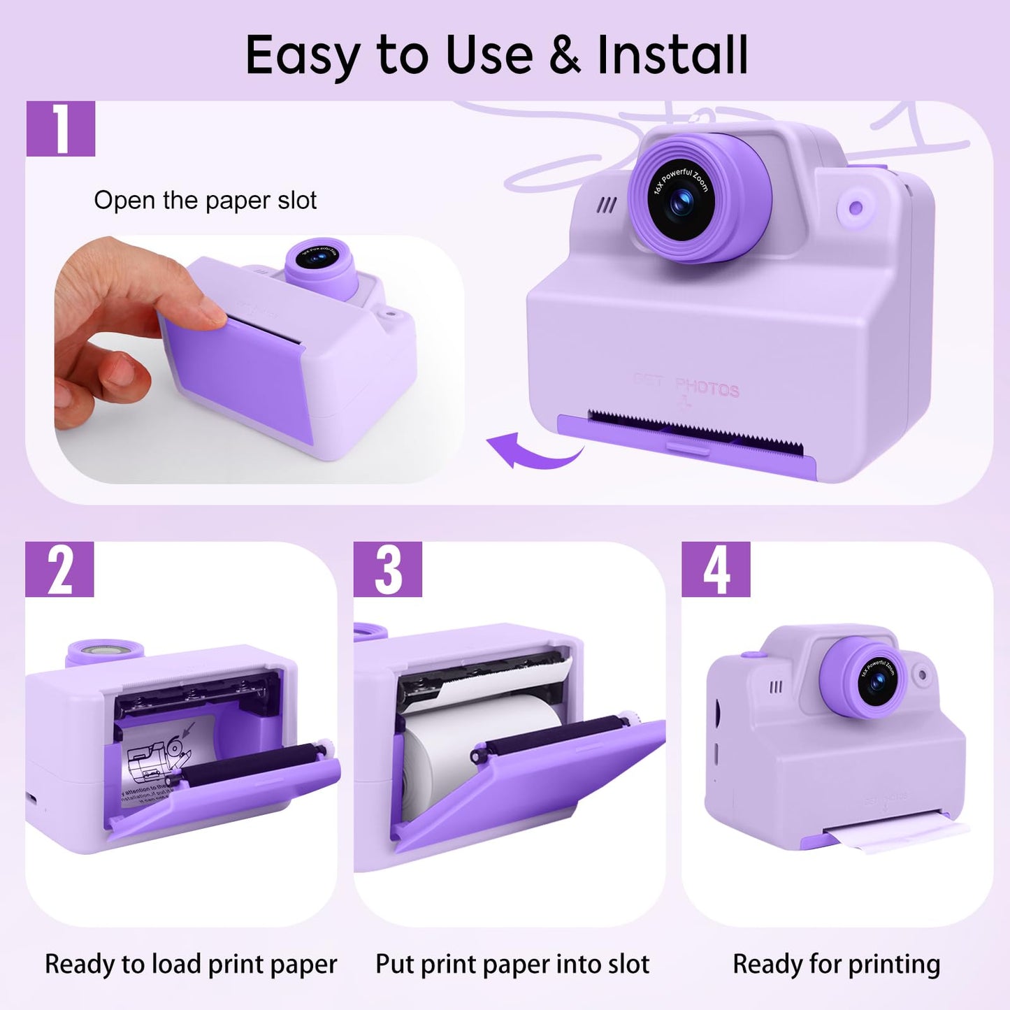 Kids Camera Instant Print Photos, Instant Print Camera for Kids Instant Camera Print Pictures Instantly, Toy Camera Instant Print Toddler Camera for Girls Boys 3 4 5 6 7 8 9 10 11 12 Years(Purple)