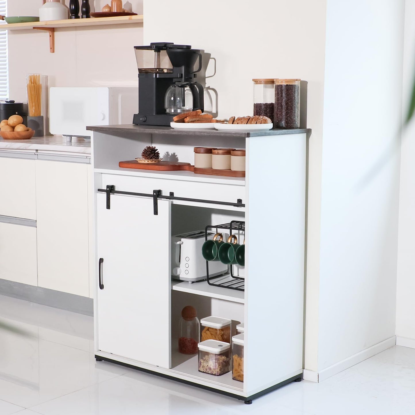 ALBAD Coffee Bar Cabinet/Table, 32" Buffet Sideboard with Sliding Barn Door and Storage Shelves, Farmhouse Wood Kitchen/Accent Storage Cabinet White Walaut