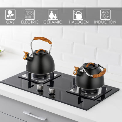 Tea Kettle, 2.7 Quart Stove Top Whistling Tea Kettle, Stainless Steel Teapot with Wood Pattern Anti-Hot Folding Handle, Food Grade Stove Top Kettle for Gas Electric Applicable