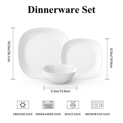 Dinnerware Set, MEKY 18-piece Opal Dishes Sets Service for 6,Square Plates and Bowls Set-White