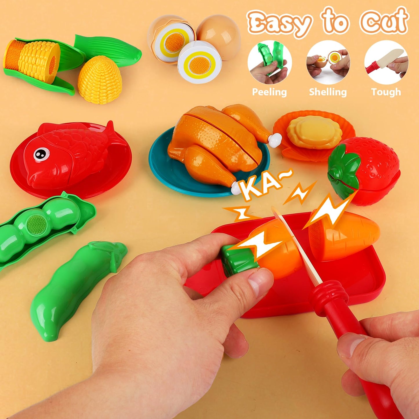 Pretend Play Kitchen Accessories- 64pcs Stainless Steel Play Pots Pans with Cutting Toy Food, Toy Cookware Cooking Utensils, Pretend Food Toy, Pizza Toy, Kids Kitchen Playset for Toddler Boys Girl