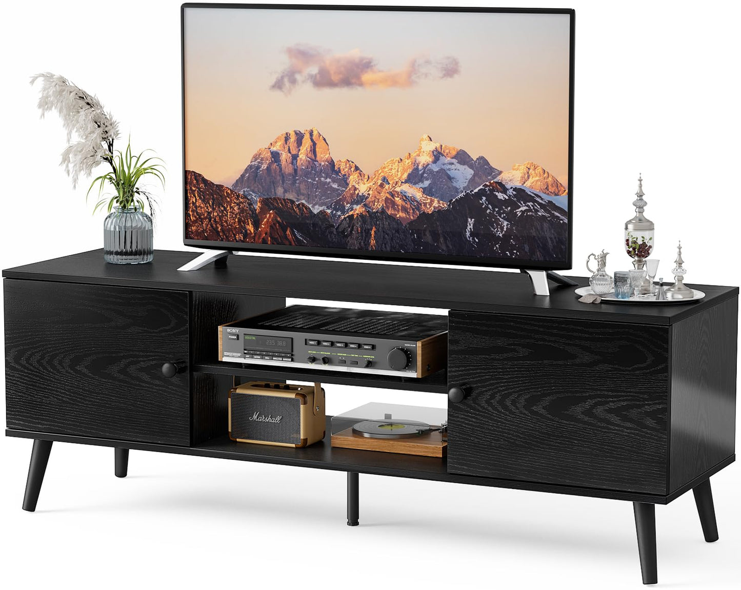 Sweetcrispy TV Stand for 55 60 inch Television, Entertainment Center with Storage, 2 Cabinet Media Console Table, Soft Hinge Door with Handle, Wood Feet, Living Room, Bedroom Furniture, Black
