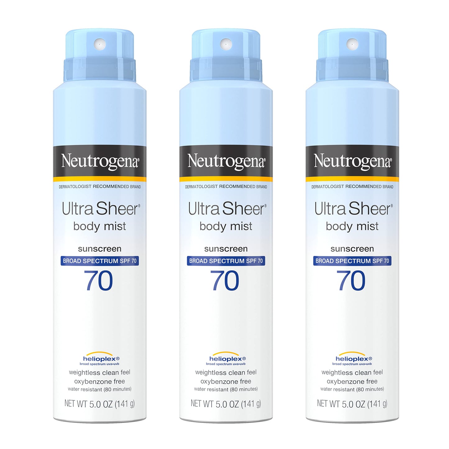 Neutrogena Sunscreen Spray, Ultra Sheer ® Body Mist, Broad Spectrum SPF 70, Non-Greasy Water Resistant Body Sunscreen Mist, Non-Comedogenic, 5 oz (Pack of 3)